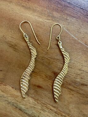Gold Feather Leaf Dangle Earrings Textured Boho Nature